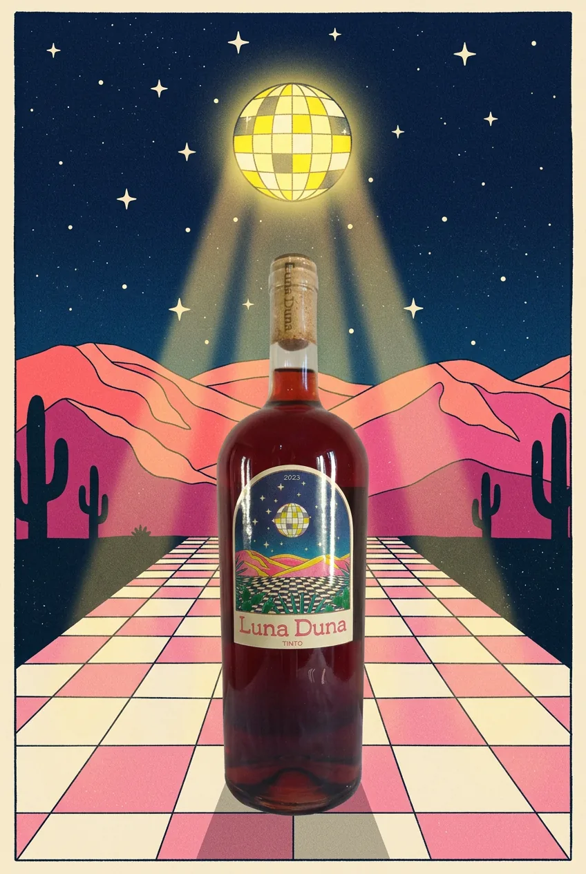 Luna Duna Tinto bottle in illustrated scene